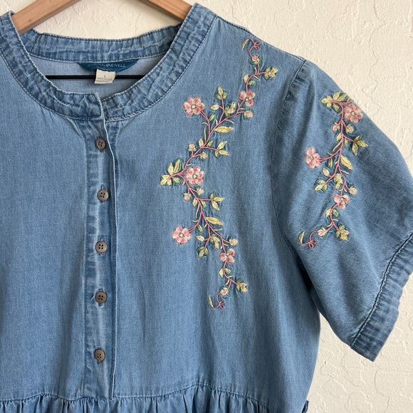 Vintage 90s April Cornell Floral Embroidered Chambray Tie Back Midi Dress Large - Picture 3 of 7